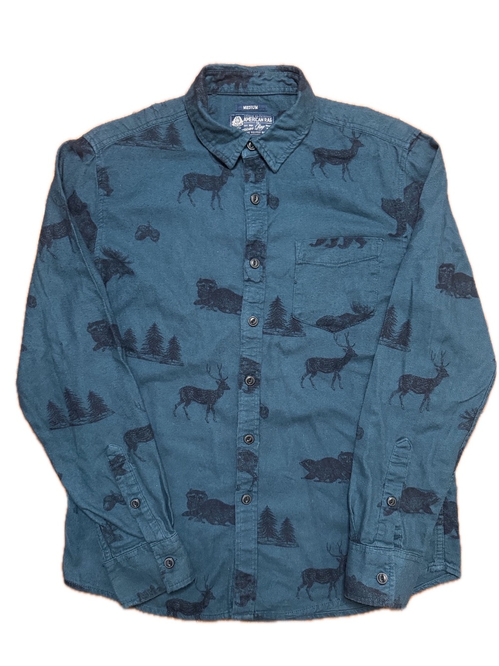 American Rag Teal Button-Down Shirt with Dark Woodland Motif